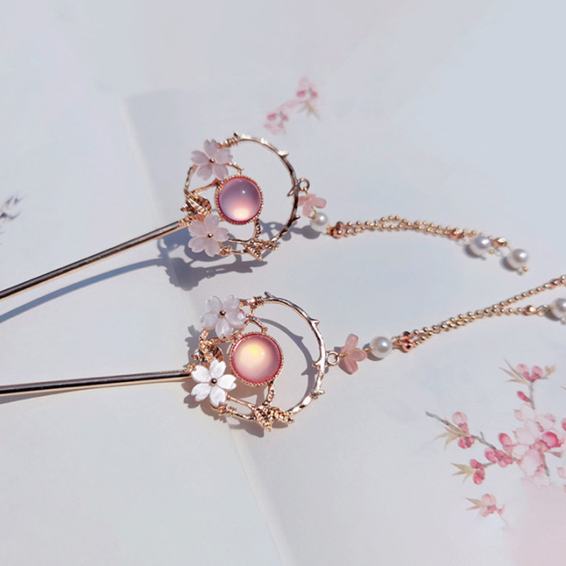 Épingles à cheveux en métal Style chinois, pampilles, épingles à cheveux en perles, pince à cheveux fleur, baguettes pour fête de mariage, couvre-chef: pink(1pc)