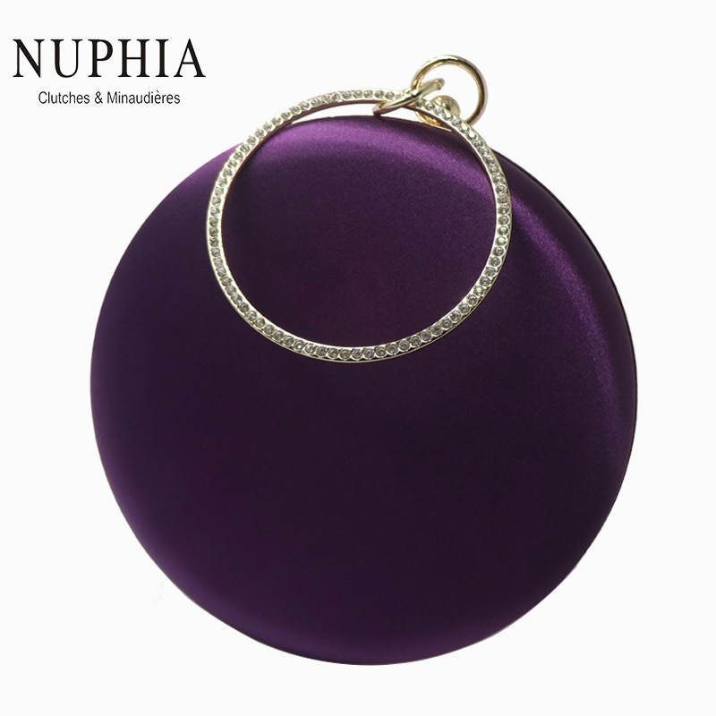 Nuphia Neue die Seide Satin- Runde Rund Frauen Schild Kupplungen Armbänder Handtasche Geldbörse Party Prom Abend Kupplung Tasche Lila