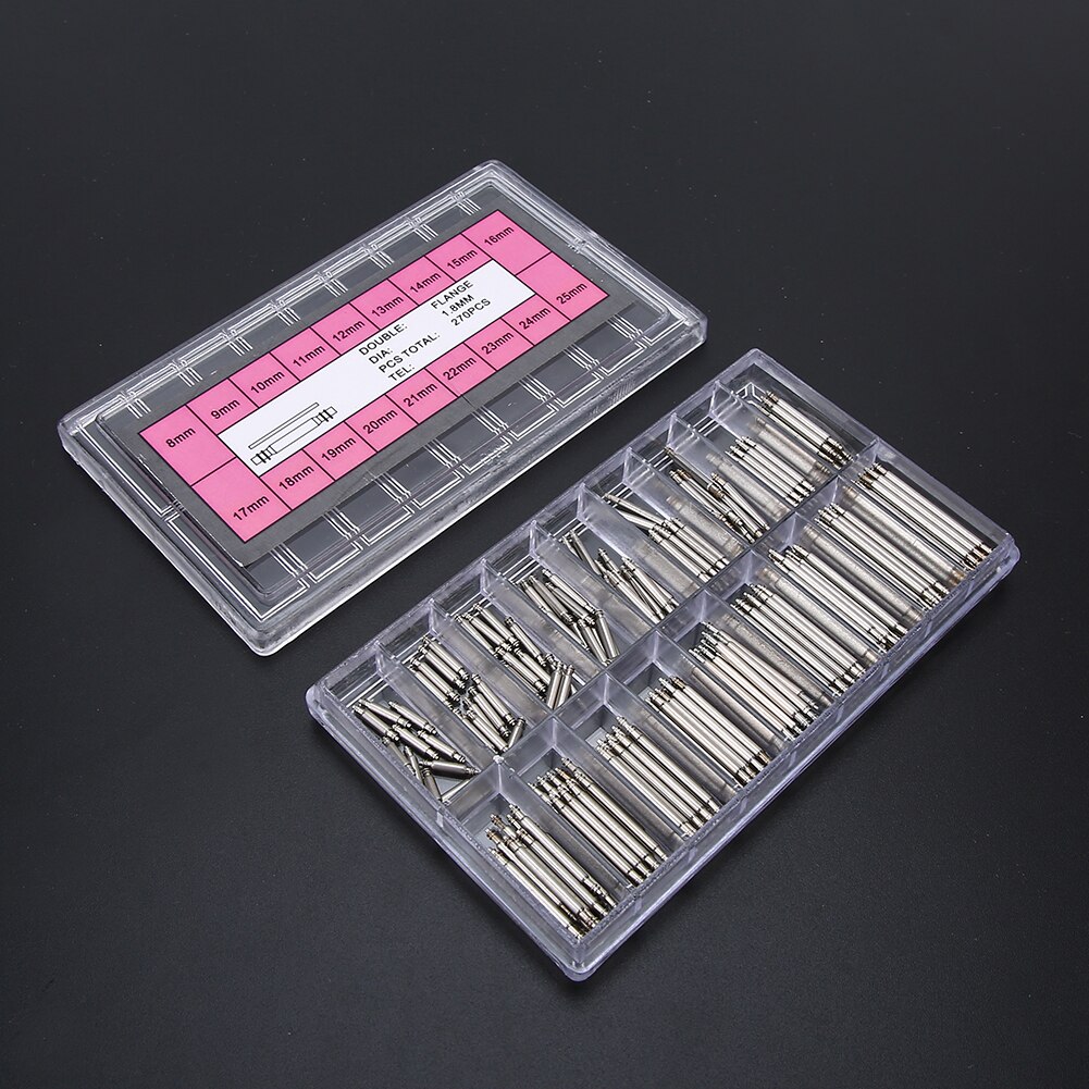 270 st/kartong 8-25mm klockarmband länkstift metall klockband fjäderstänger klockreparationsverktyg tillbehör för urmakare 1.8mm