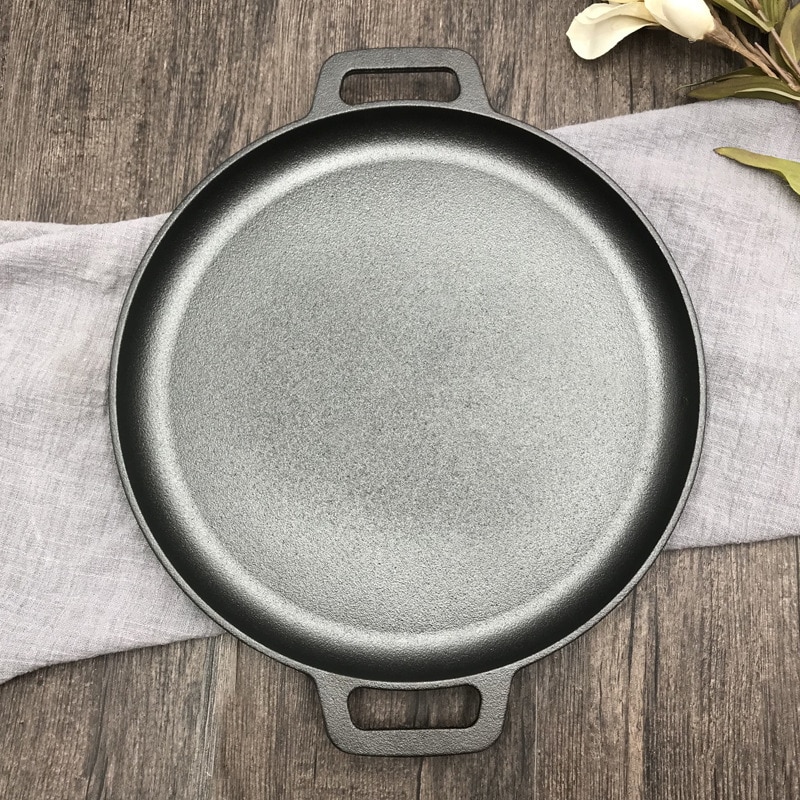 30cm/33cm/35cm Cast Iron Steak Pan BBQ Roasting Meat Roaster Round Uncoated Cooking Pot Pizza Pancake Griddles Flate Bottom