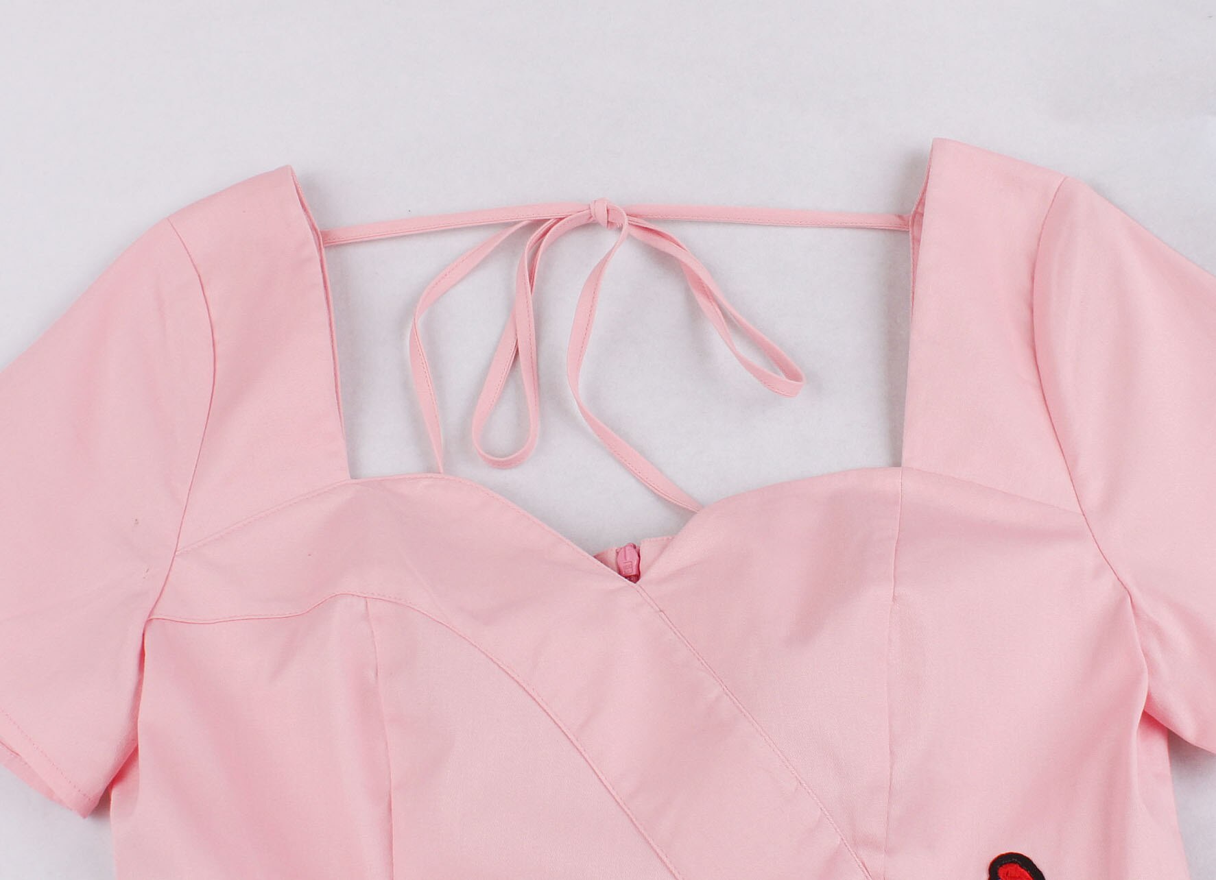 bordado Floral mujeres vestido Retro estilo Rosa escote corazón mangas cortas 60s Vintage vestido verano Vestidos