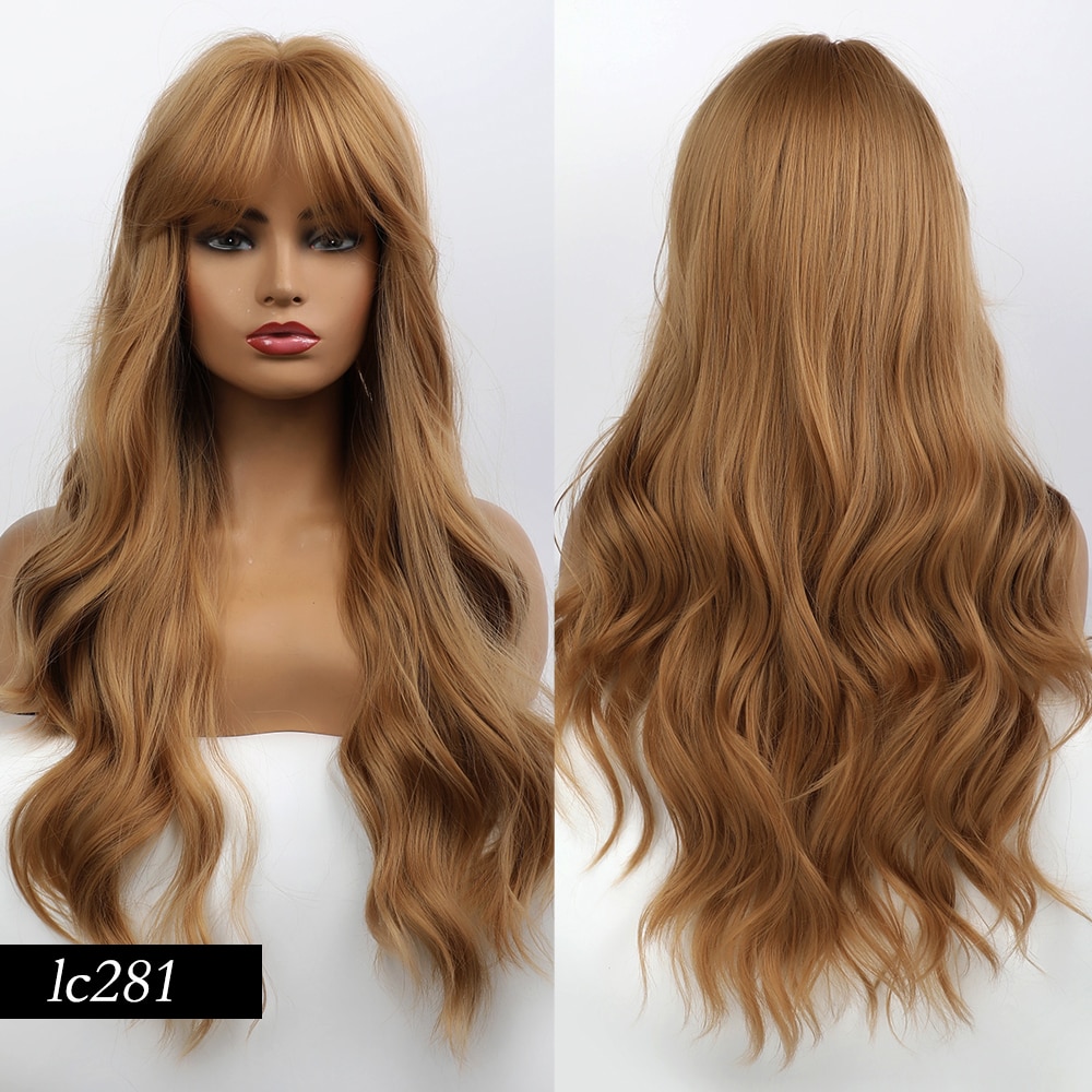 Jonrenau syntetisk lysebrun farge med høydepunkter naturlige langbølgede parykker med penn pannelugg til hvite/svarte kvinner hverdagsparykker