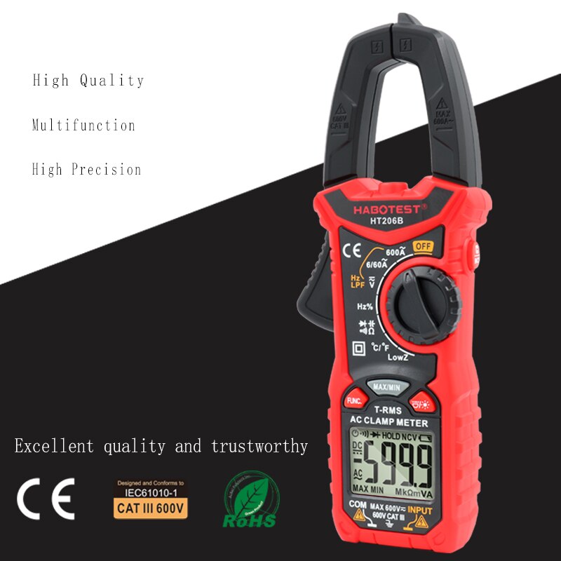 Digital Clamp Meter AC DC Pliers Ammeter Current Clamps NCV True RMS Capacitance Battery Tester Voltmeter 6000 Counts HT206