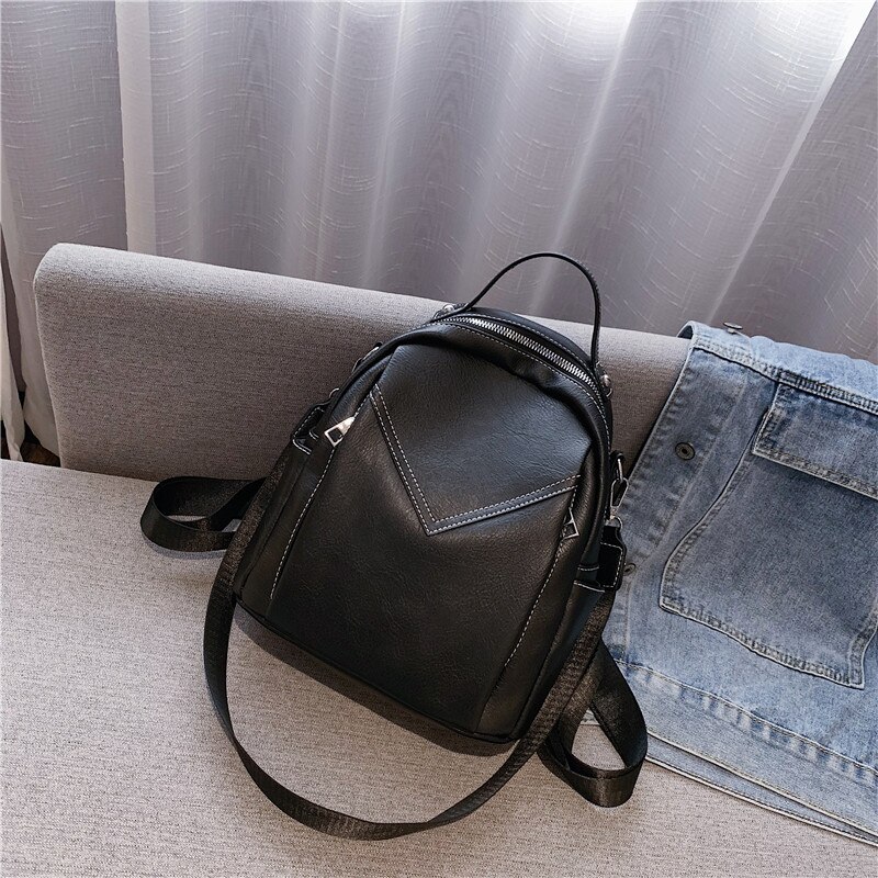 Casual dames leren rugzak, schoudertas met v-patroon, witte schoolrugzak voor tienermeisjes, reistas, mochilas: Zwart