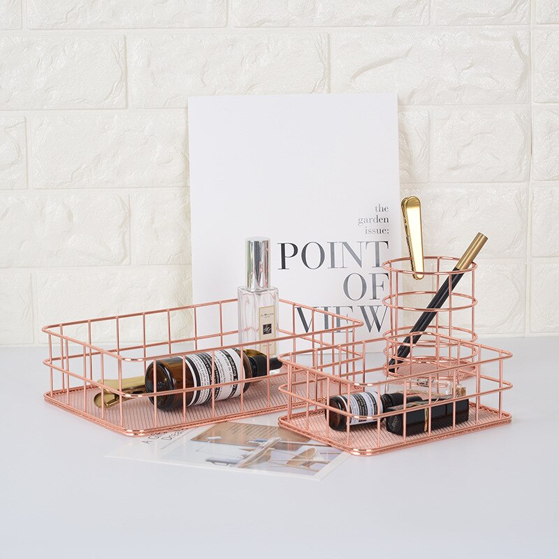Rose Gold Iron Art Makeup Organizer Basket Eyeliner Brush Set Storage Cup Dressing Table Makeup Cosmetic Organizer Box