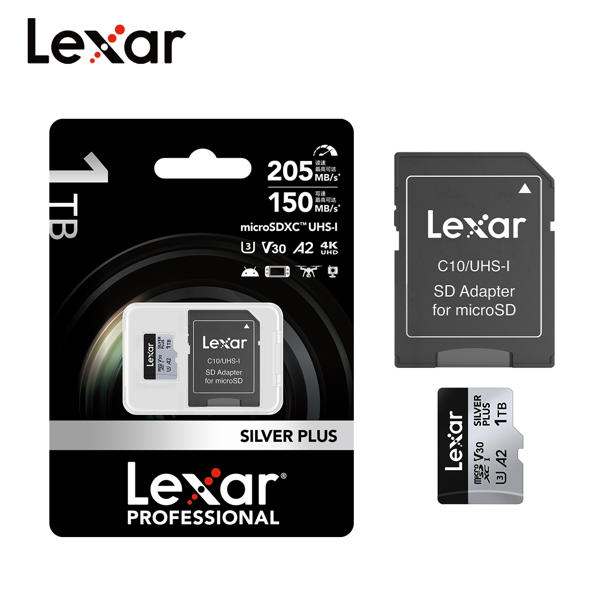 Oryginalna karta Lexar Professional Micro SD SILVER PLUS MicroSDXC 256GB 128GB 64GB V30 A2 Odczyt 205MB/s Karta pamięci TF do 4K