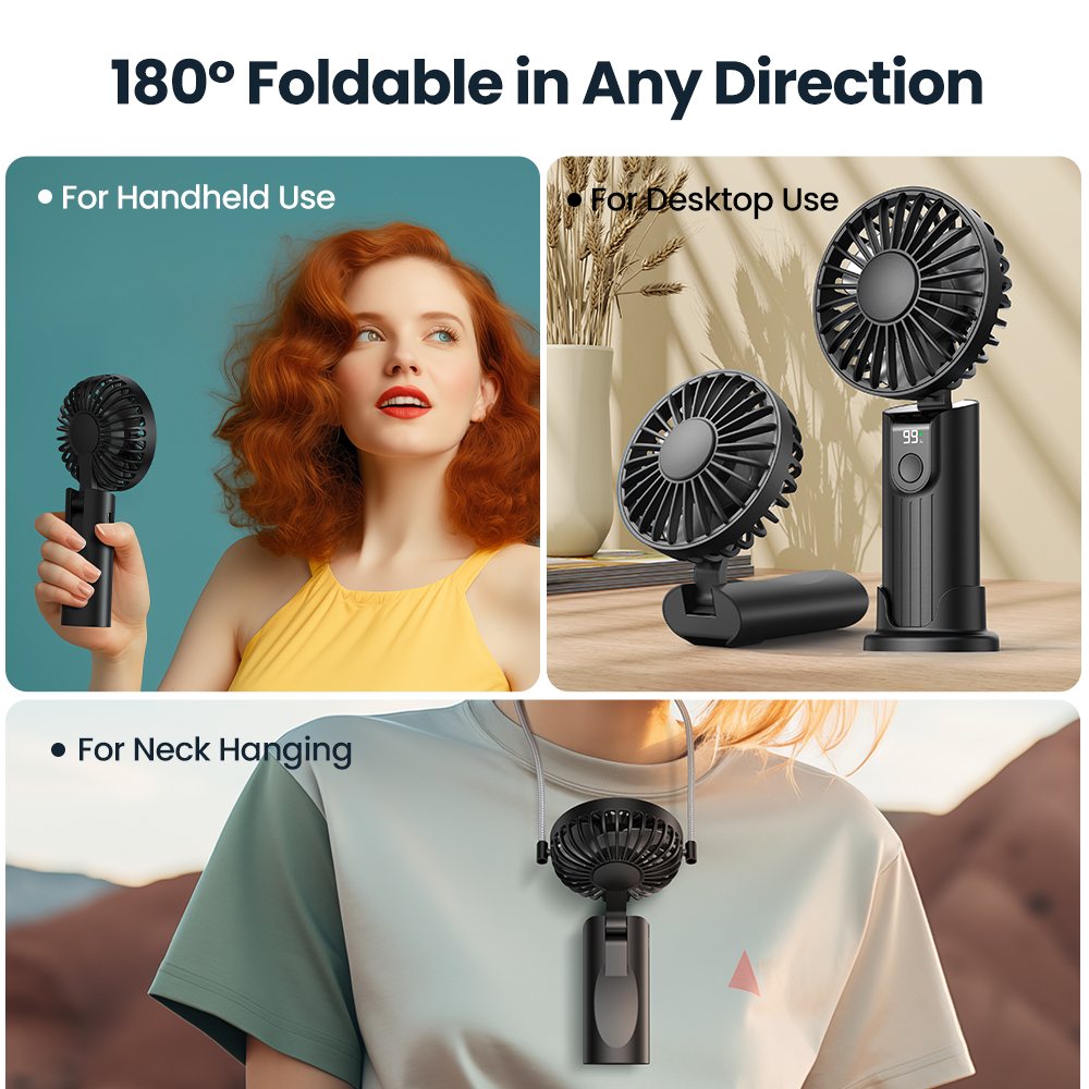 Topk 5000Mah Mini Draagbare Ventilator Usb Oplaadbare Draagbare Ventilator, Kleine Zakventilator 3 Snelheden Met Lanyard & Basis, Usb Bureauventilator Opvouwbaar