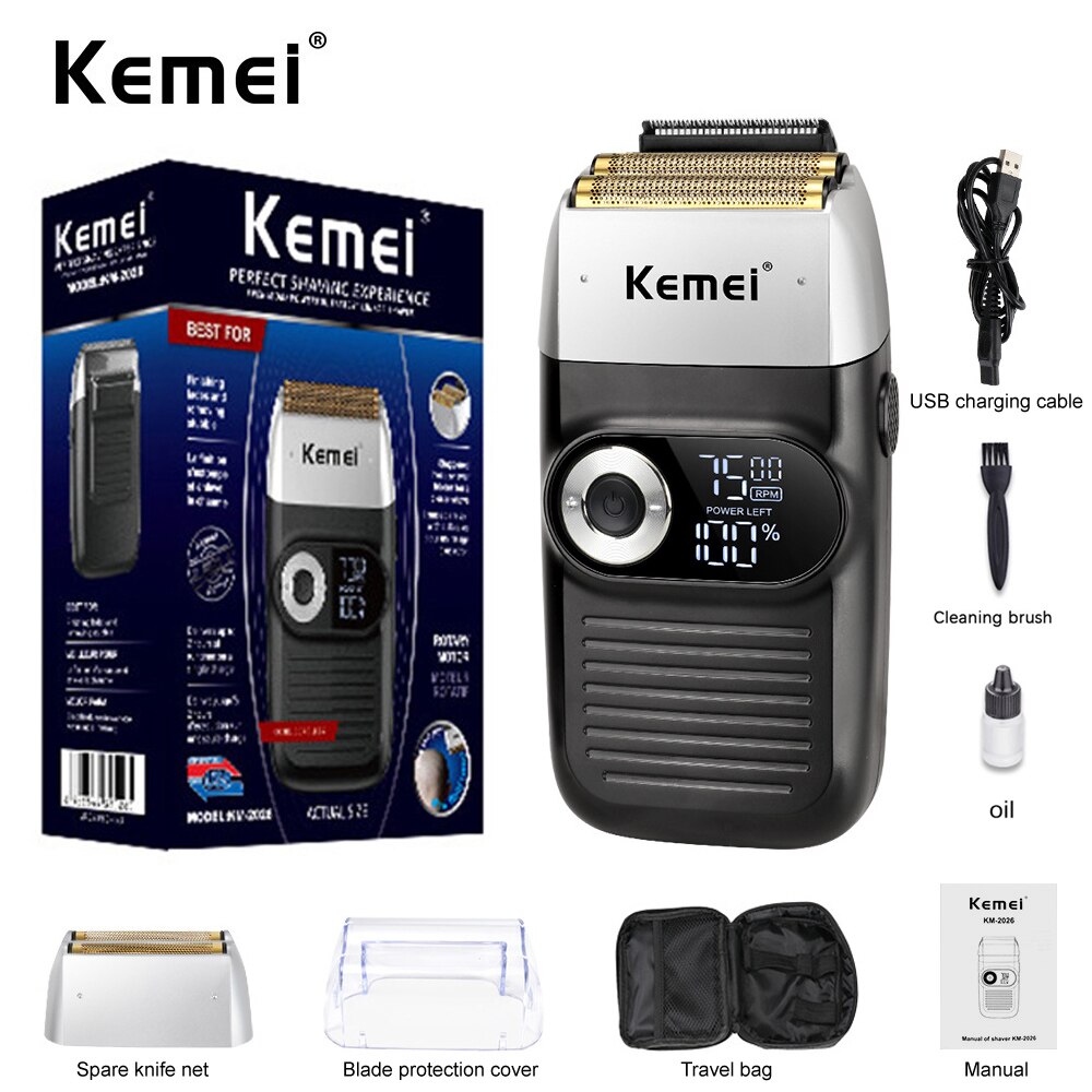 Kemei 2 In 1 Electric Shaver for Men Rechargeable Portable Cordless Men Reciprocating Razor Beard Trimmer LCD Display KM-2026: Black with box