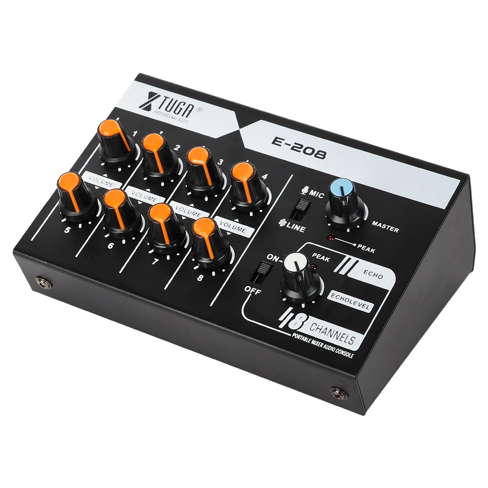 Xtuga e -208 ultrakompakt støjsvag 8- kanals mono mixer til guitar keyboard mikrofon basinstrument med ac adapter
