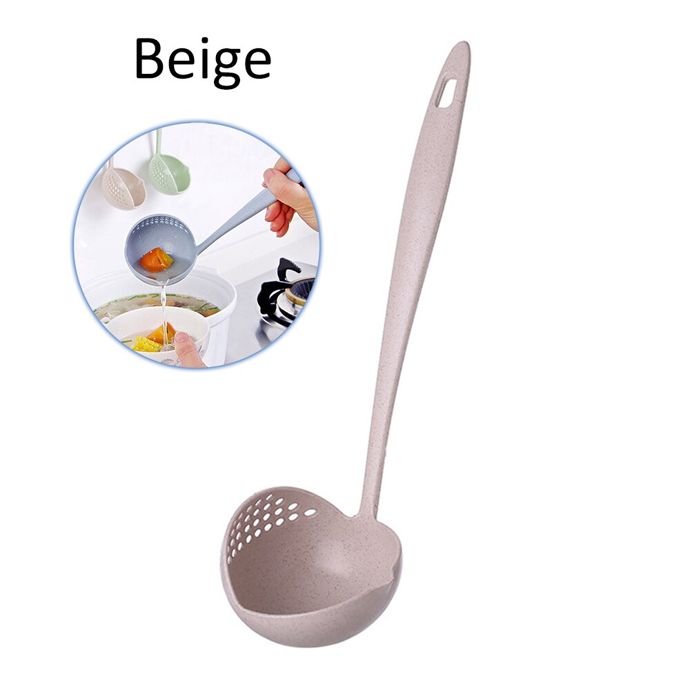 Cuchara de sopa con mango largo 2 en 1, colador de cocina para el hogar, cuchara creativa, cucharón de la vajilla de plástico, utensilios de cocina: beige