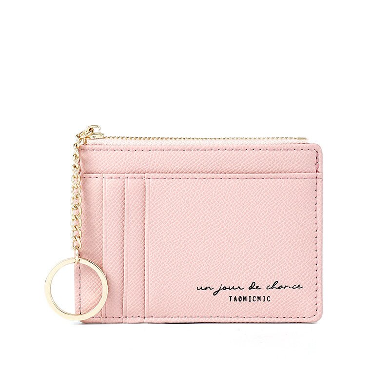 Newest Solid Credit Card Holders Trendy Small Brown And Black Zipper Wallet Mini Coin Purse Keychain Ladies Card Holder: Pink