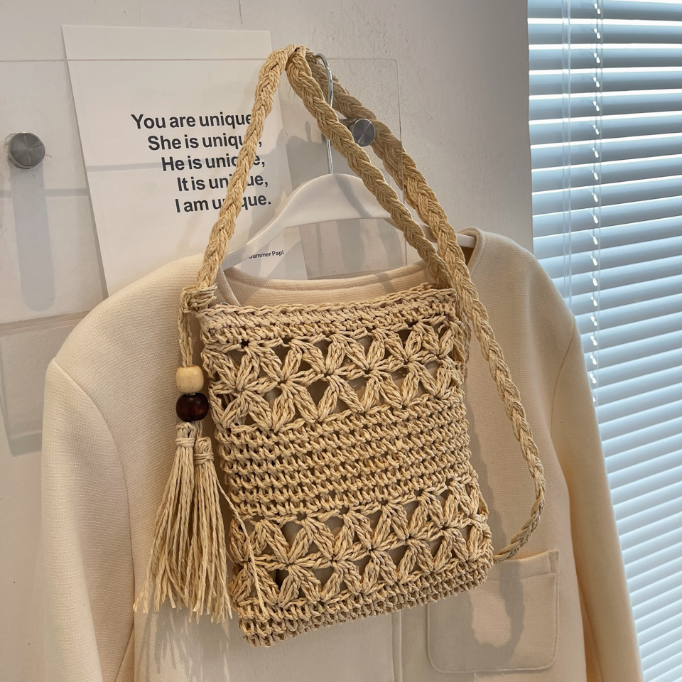 Bolso de playa cuadrado de paja tejida para mujer, detalle de flecos ligero, cierre de cremallera, perfecto para vacaciones y salidas de verano ﻿ bolso: Blanco