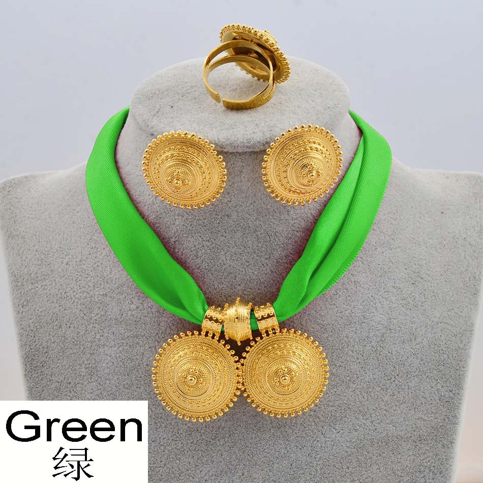 Anniyo DIY Rope Chain Ethiopian Jewelry Set Gold Color Eritrea Ethnic Style Habesha Pendant Earrings Ring #217106: Green