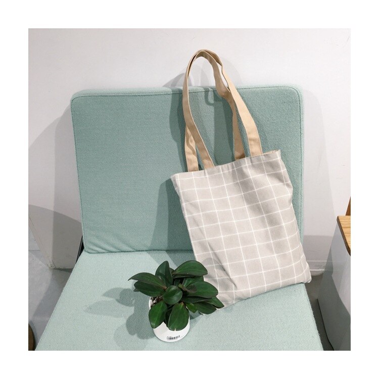 Women Canvas Tote Bag Cotton Plaid Print Shopping Bags Foldable Female Handbag Reusable Eco Beach Shopper Bag