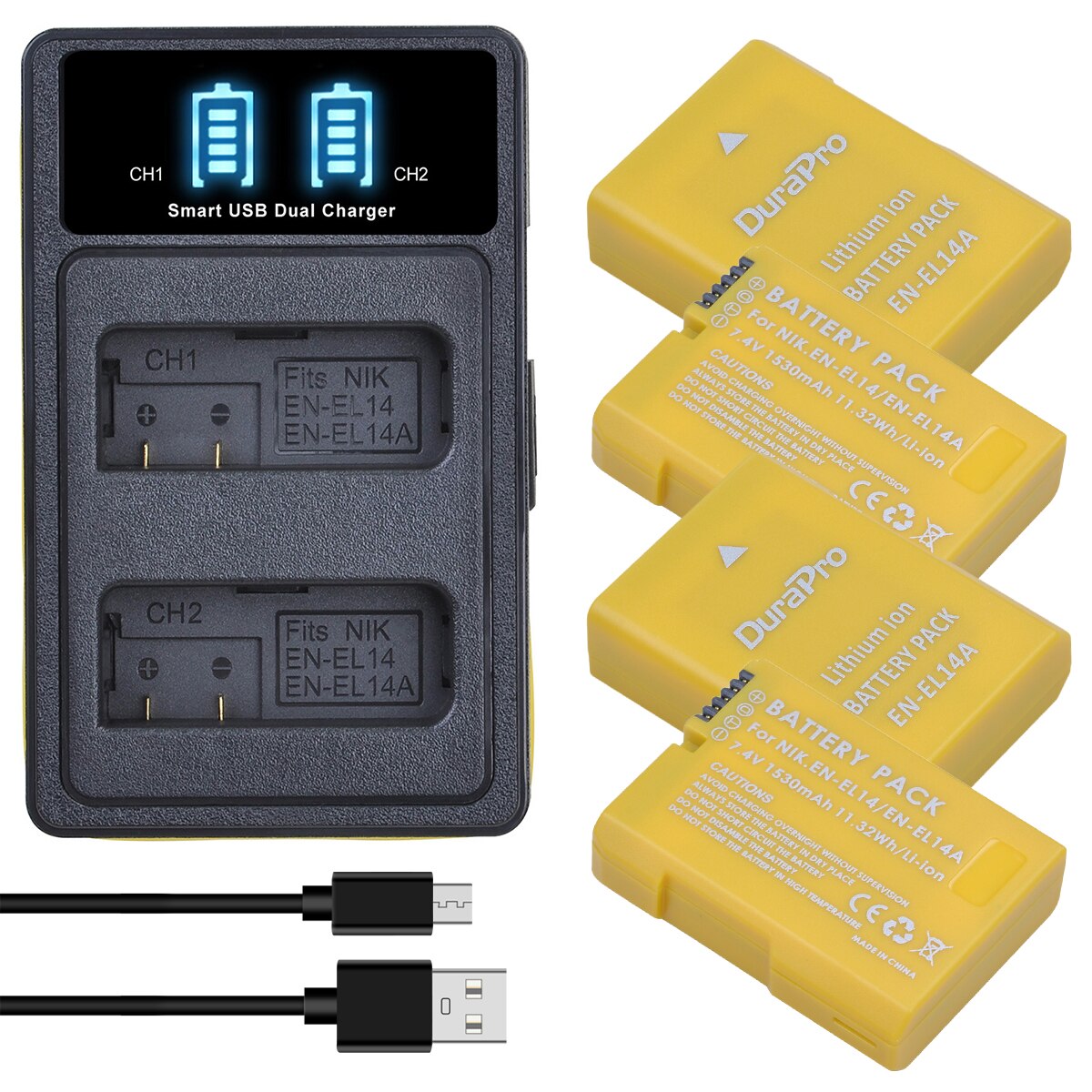 Gult batteri en -el14 en-el14a til nikon en  el14 el14a,  dslr  d5300 d5600 d3300 d5200 d3200 d5100 d5500 coolpix  p7000 p7100: Oplader og 4 batterier