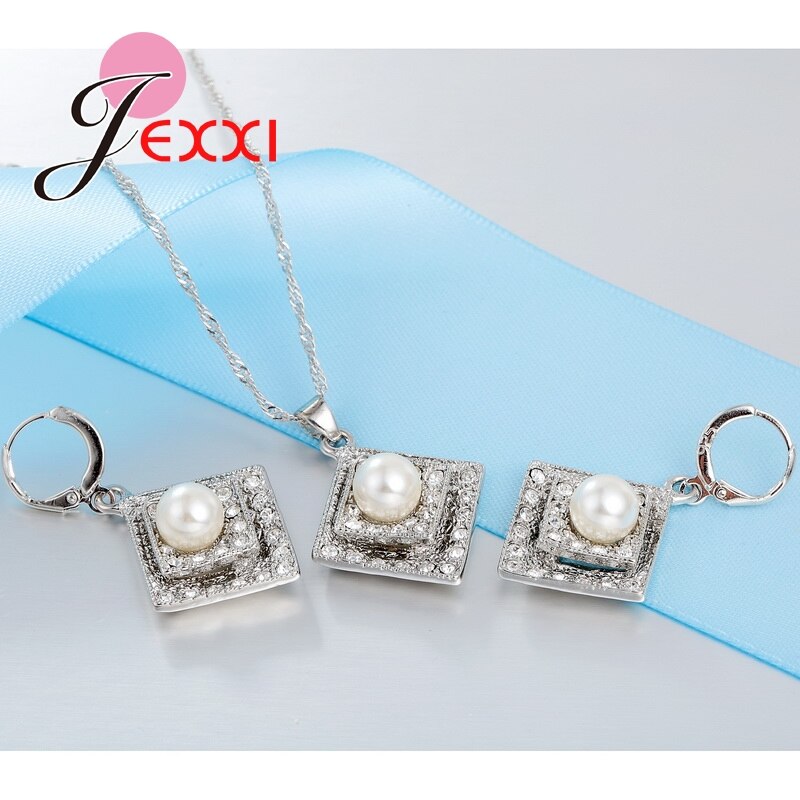 925 Sterling Silber Kette Zirkonia mit Perle Quadrat Anhänger Halskette Ohrringe Schmuck Sets Bijoux