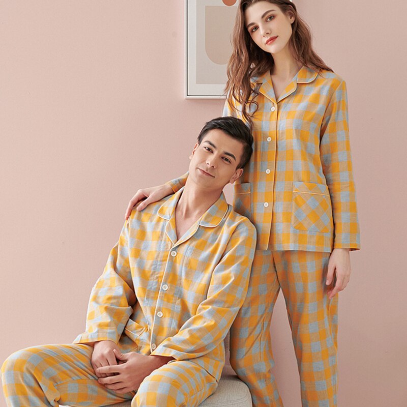 Spring summer 100% Cotton Pijama for Men Dormir Lounge Sleepwear Pyjamas yellow Bedgown Home Clothes Man Bedroom PJ Cotton Pajam: yellow for woman / XL