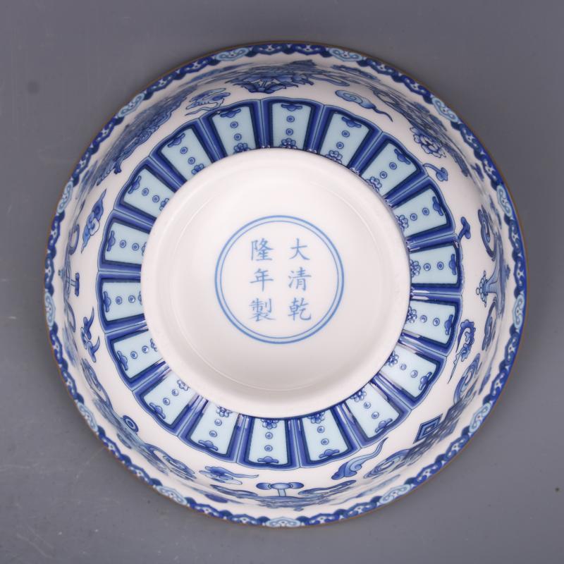 Qing-dynastie Qianlong Blauwe En Witte Kom Gouden Grens Acht Schatten Patroon Kom Antiek Handwerk Porselein Huishouden Goederen