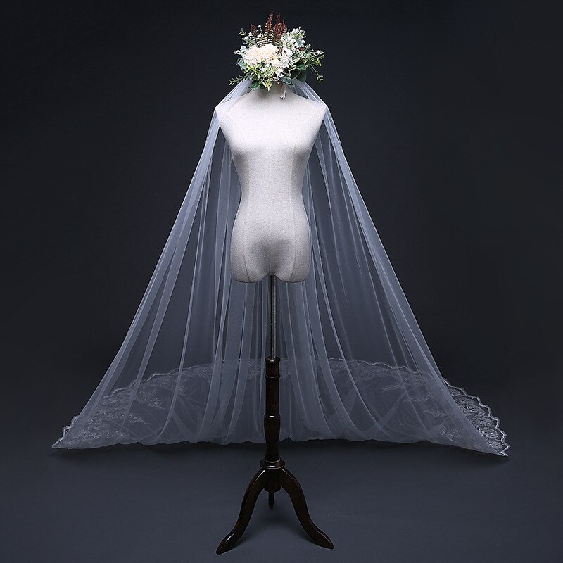 Voile de mariée pas cher longue Applique Sequin perlé dentelle bord voile blanc/ivoire voile de mariage avec peigne cathédrale 1 couche 3 mètres de largeur