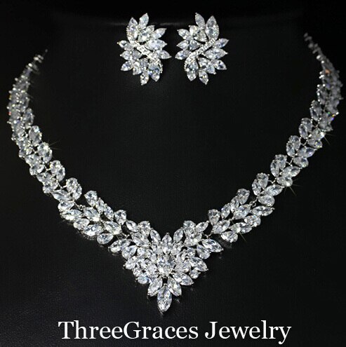 Threegraces Nigeriaanse Vrouwen Leaf Vorm Kubieke Zirkonia Steen Grote Bruids Ketting Oorbellen Sieraden Set Voor Trouwjurk JS047: Default Title