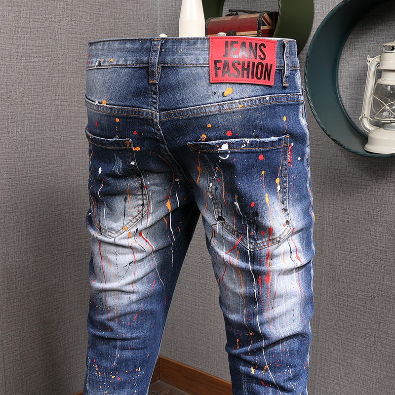 Mens Splash-ink Blue Ripped Jeans Men Slim Fit Pencil Pants Streetwear Cowboy Casual Denim Trousers