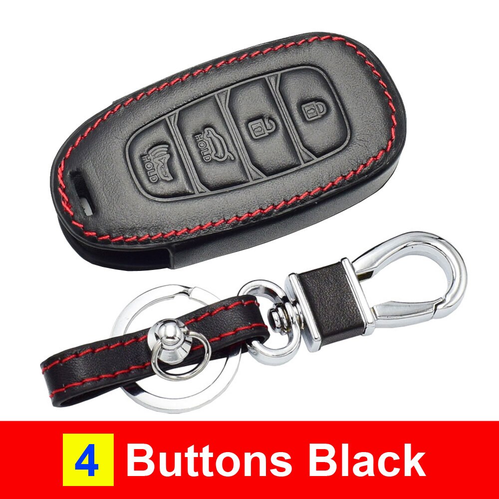 Funda de cuero para llave de coche Hyundai Kona Santa Fe TM 4 botones Smart Prox sin llave cubierta de mando de llave a distancia llavero Protector: 4 Buttons Black