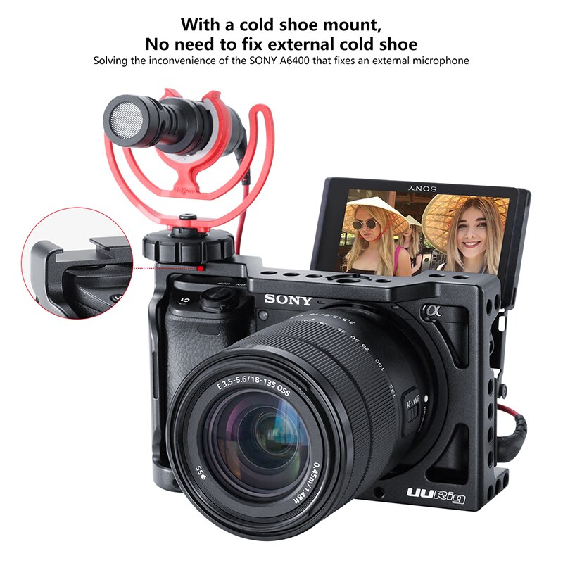 Uurig  r008 a6400 vlog bur sak vlogging metall sak til sony  a6400 med kald sko til mikrofon dslr kamera bur 1/4 3/8 skrue
