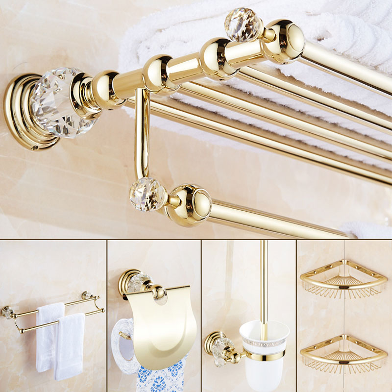 Luxe Crystal Silver Badkamer Accessoires Set Gold Gepolijst Messing Bad Hardware Set Wandmontage Badkamer Producten Mand Rack3