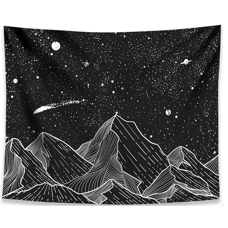 Mountain Moon Tapestry Wall Hanging Stars Black and White Art Tapestry Home Decor (Black, 60 Inch x 80 Inch)