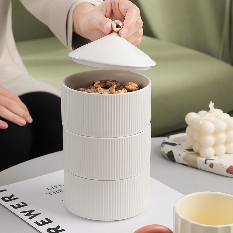 Nordic White Ceramic Bowl with Cover Fruit Snacks Cookies Food Storage Container Serving Dishes Sealed Fresh Keeping Salad Bowls