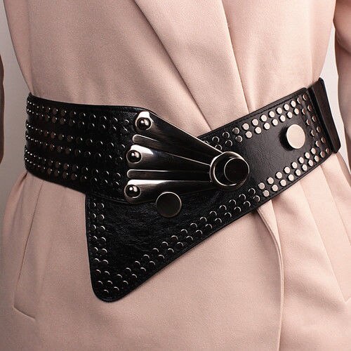 Black Leather Cummerbunds Female Woman Belt Punk Wide Women'S Belts Punk Rivet Stretchy Dress Waistbands Lady For Dress