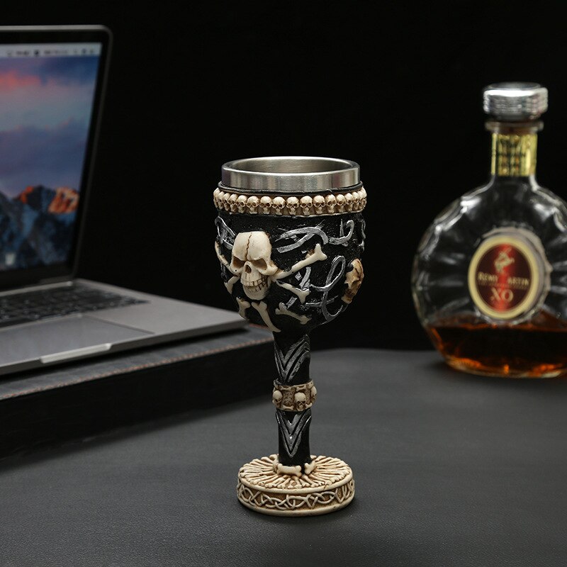 popular tea cup skull beer cup goblet 3D resin stainless steel skull head coffee cup: Black