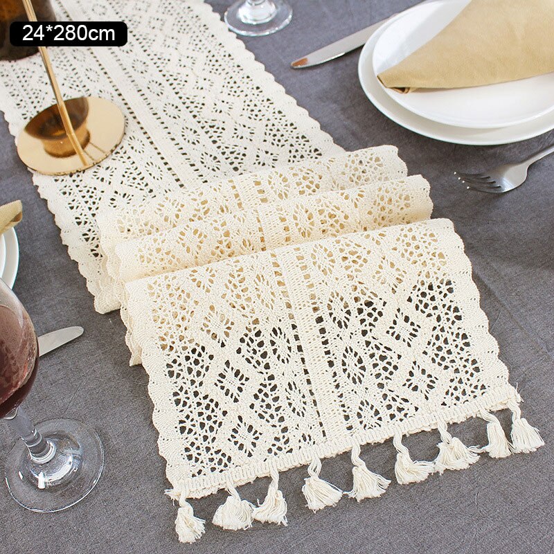 Beige Crochet Lace Table Runner With Tassel Cotton Wedding Decor Hollow Tablecloth Nordic Romance Table Cover Coffee Bed Runners: 24x280cm