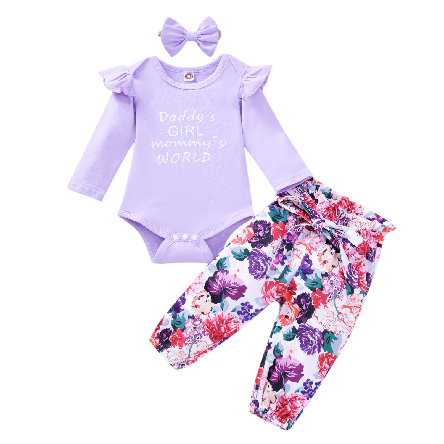 3 -teiliges herbst-Baby-mädchen-einstellen: strampler mit buchstabenmuster, oberteil, geblümter Schlauch, stirnband, lässiges baumwoll-Outfit: Lila / 3m