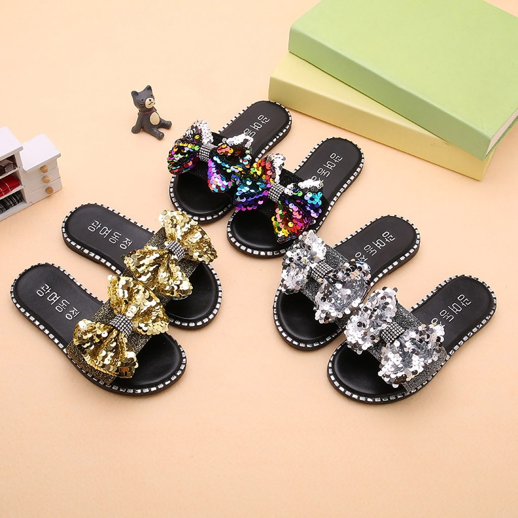 Girls Rhinestone Bow-knot Summer Slipper Children Kids Baby Girls Bling Sequins Crystal Princess Slipper Shoes pantuflas
