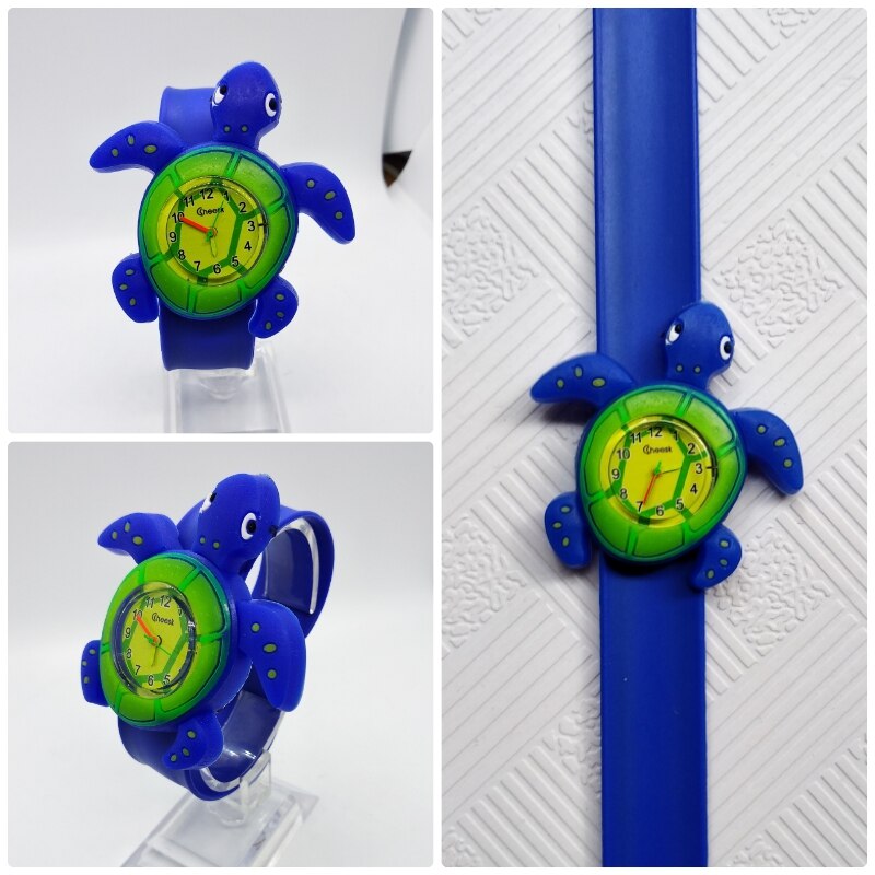4 blandet tegneserie bi enhjørning mønster børn ure skildpadde slap pat ring ur børn quartz sport armbåndsur drenge piger ur: Skildpadde blå