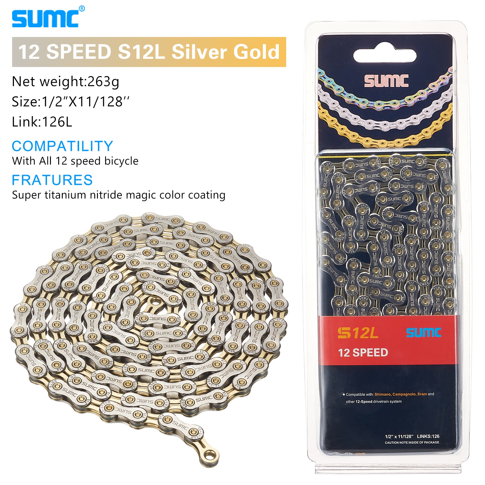 Neue sumc Mountain Road Fahrrad Schalt kette 8 9 10 11 12-Gang hohle ultraleichte Goldkette 251g mit Missing link m8000 m6000