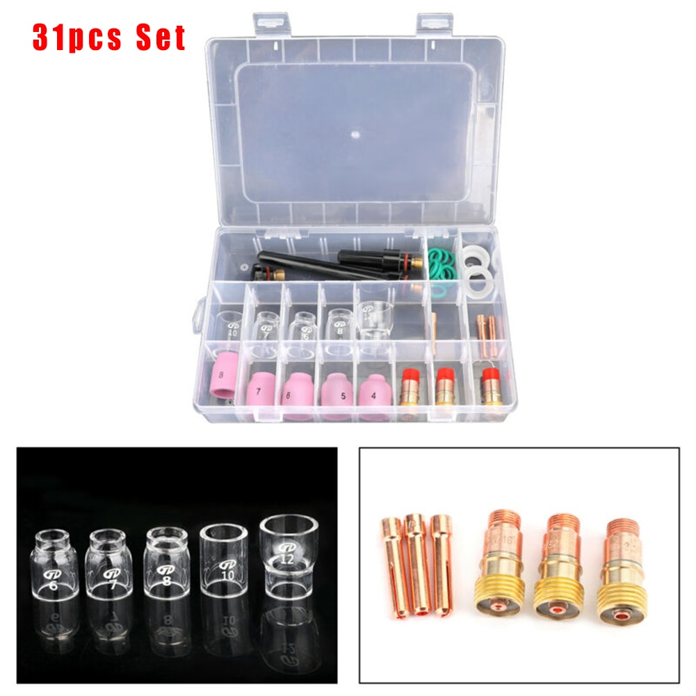 31Pcs TIG Welding Torch Stubby Gas Lens # 12 Pyrex Glass Cup Kit For WP-17/18/26 Welding Accessories