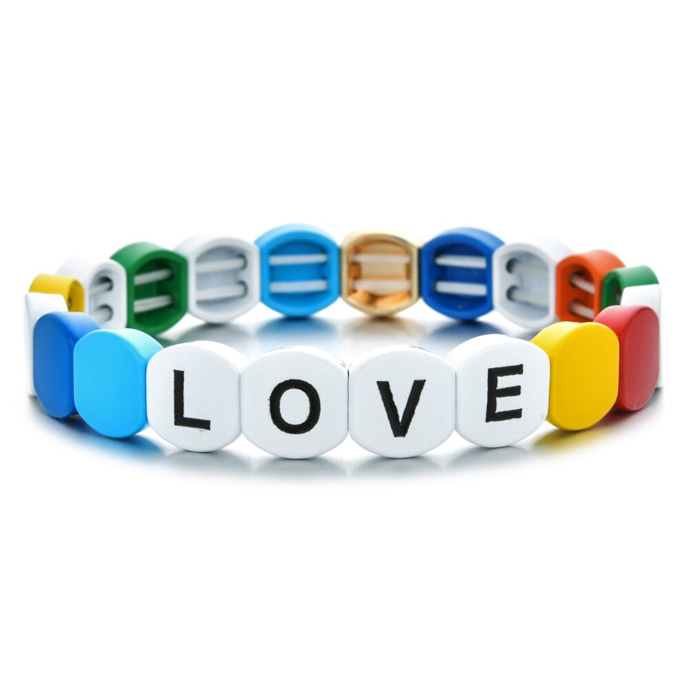 Mode Kleurrijke Regenboog Emaille Tegel Armband Vrouwen Meisjes Brief Liefde Armbanden Elasticiteit Manchet Bangles Partij Sieraden
