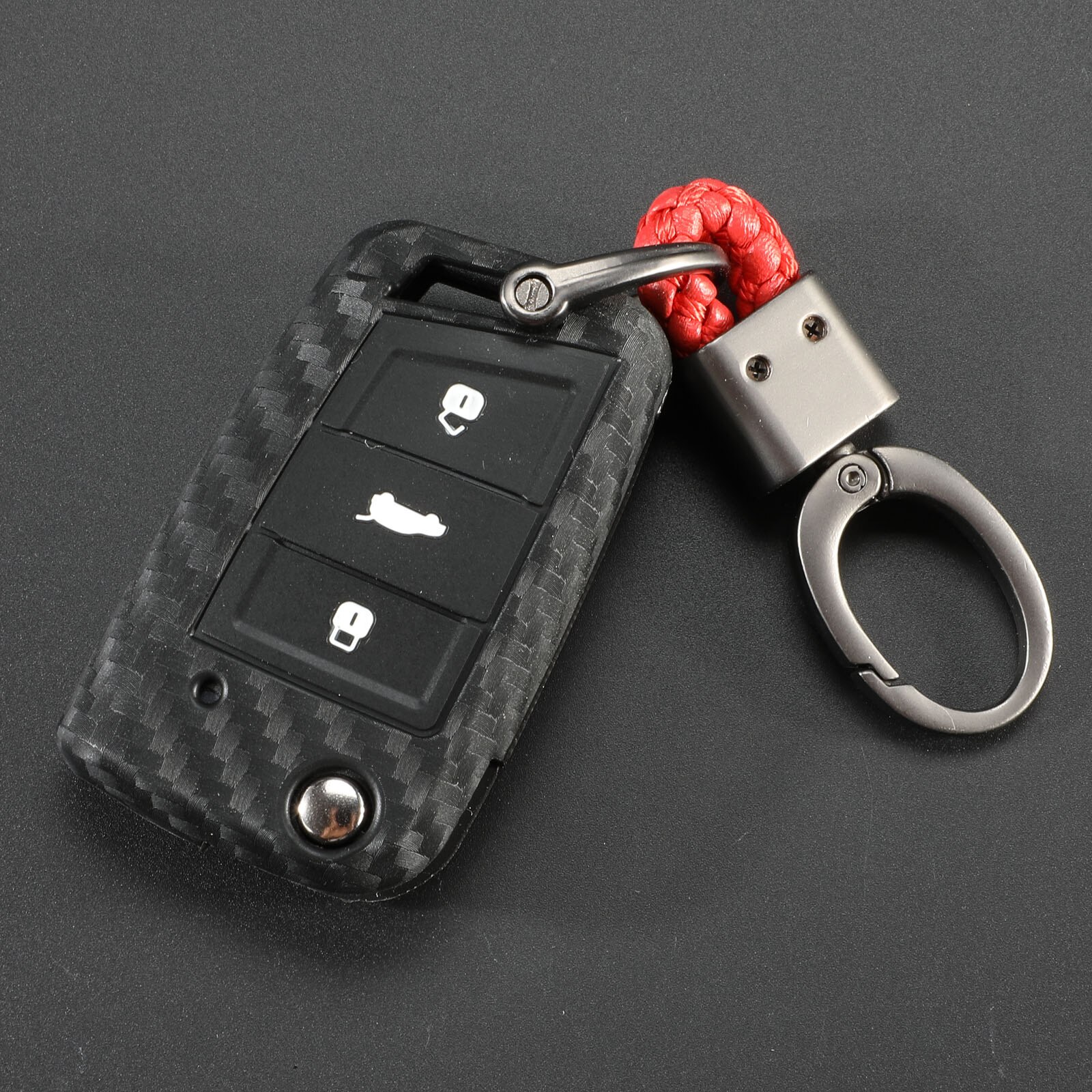 Carbon Silicone Key Case Cover For VW Polo Golf 7 Tiguan Skoda Octavia Karoq SEAT Ateca Leon Ibiza KeyChain Key Ring: v Red short braid