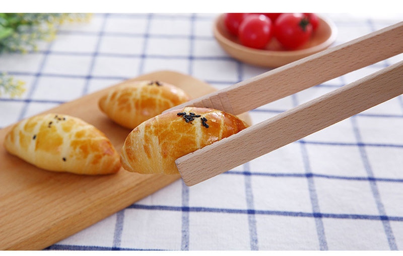 Pinza de madera Natural para comida, pinza práctica de haya, fácil agarre, sartén de postre, pinzas de cocina, pinza para ensalada, utensilio de cocina