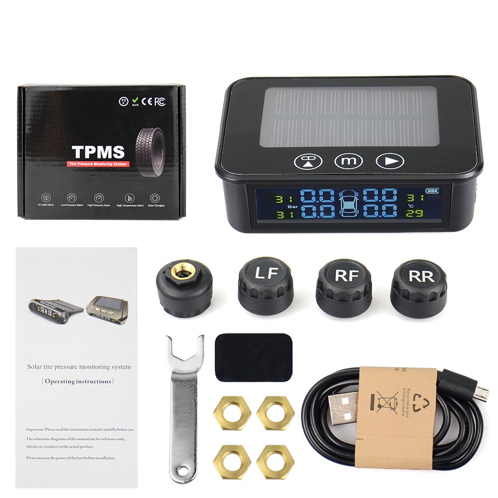 4 external tyres car tire pressure monitoring systems external sensors auto wheel pressure gauge tester security alarm bar psi: Brown