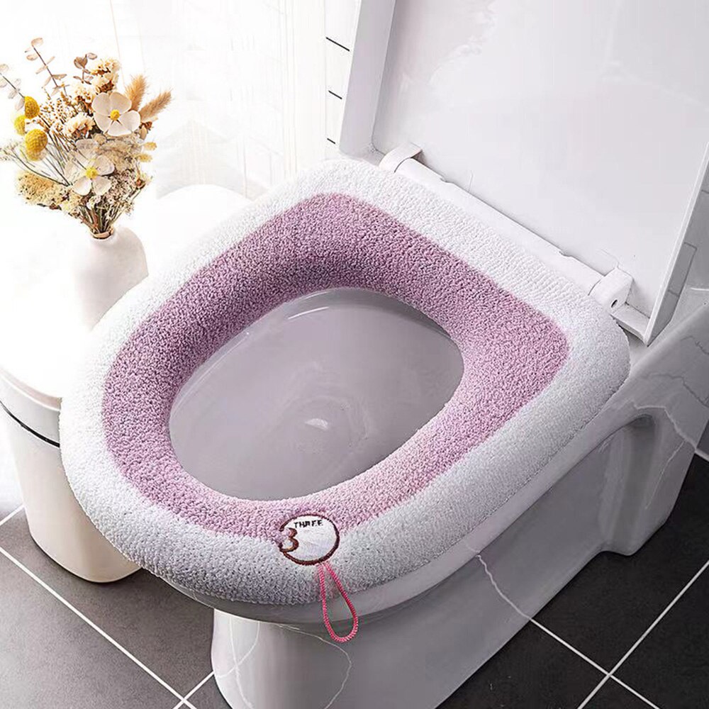 Cartoon Winter Warm Toilet Seat Cover Mat 1Pcs Washable Bathroom Accessories Knitting Pure Color Soft O-shape Pad Toilet Seat: C