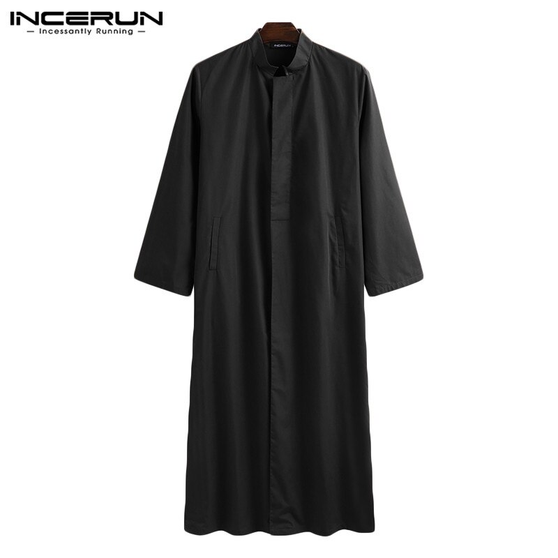 INCERUN Men Muslim Kaftan Islamic Arabic Jubba Thobe Long Sleeve Button Stand Collar Caftan Solid Color Middle East Dubai Robes