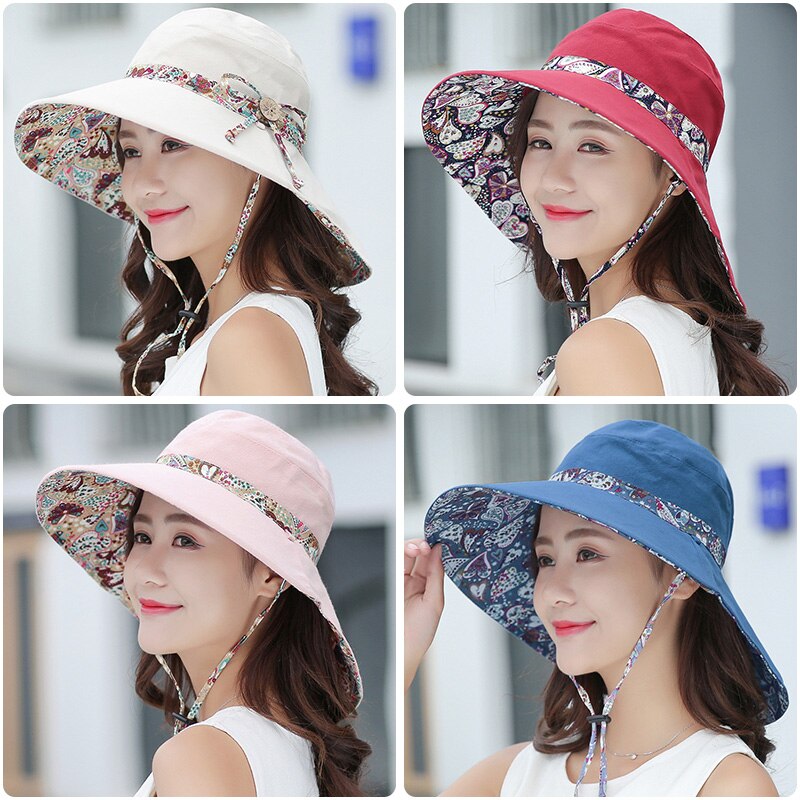 Female Flower Print Double-sided Cotton Linen Sun Hat Women Big Wide Brim Anti-UV Foldable Beach Hats Lady's Bucket Hat
