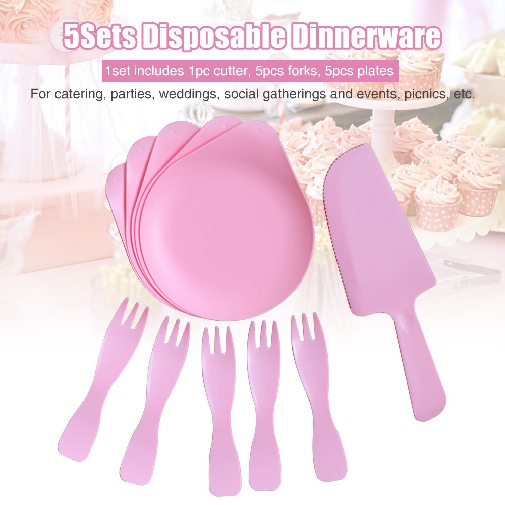 5sets Dinner Plate Disposable Dinnerware Set Wedding Picnic Solid Home Fork Cutter Birthday Eco Friendly Party: Pink