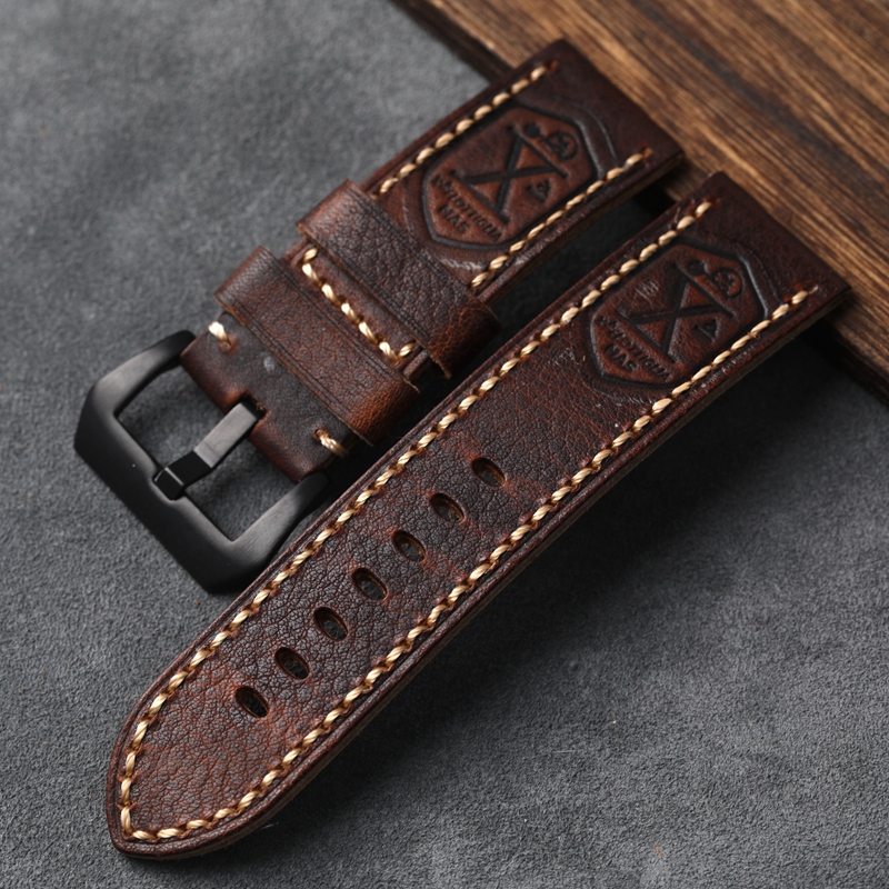 Handgefertigtes Echtleder-Uhrenarmband 20 22 24 26 mm Vintage Distressed First Layer Rindsleder Weiches Vintage-Armband für PAM111 441: Schwarz grau / 24mm