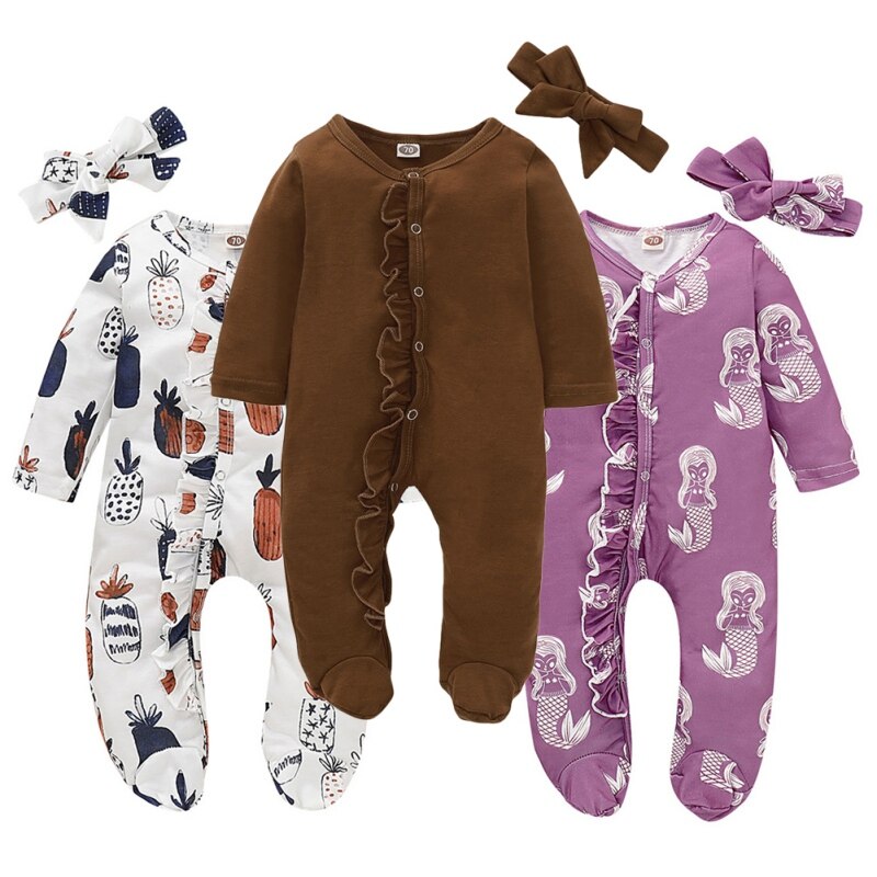 Frühling herbst neugeborenen Baby Footies overall + kopfschmuck langarm rüschen baumwolle baby junge mädchen kleidung 0-18M