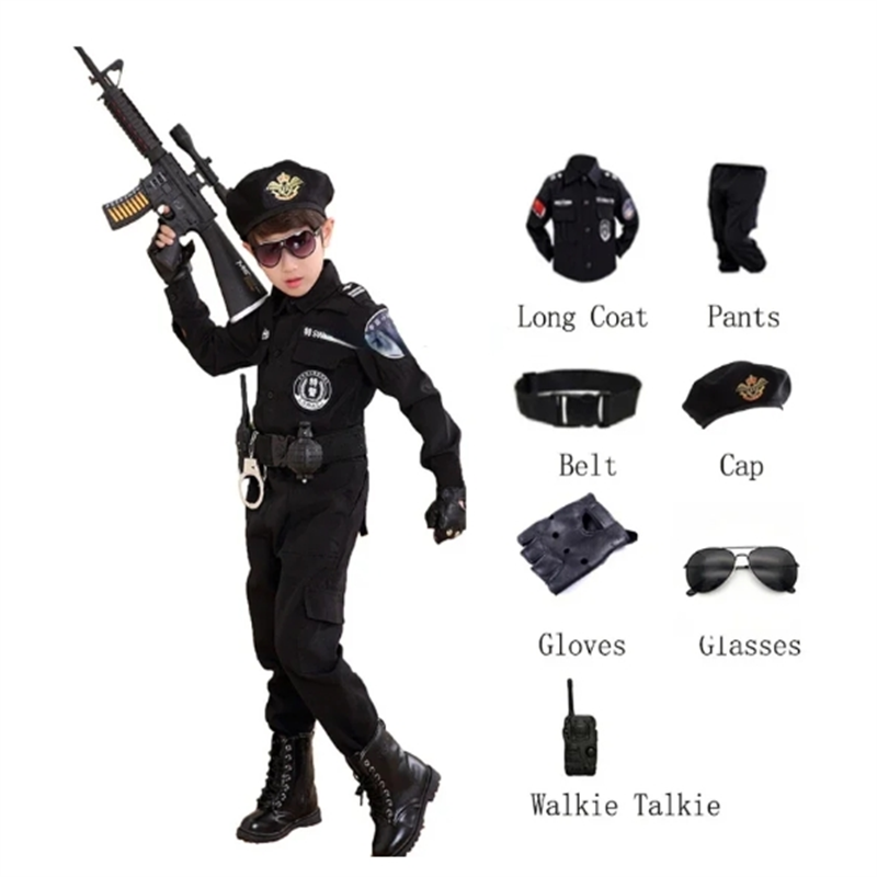 Costumes de policier du SWAT pour enfants, uniforme de police de carnaval pour enfants, armée, policier, soldat, Halloween, 110-160cm, 7 pièces, ensembles