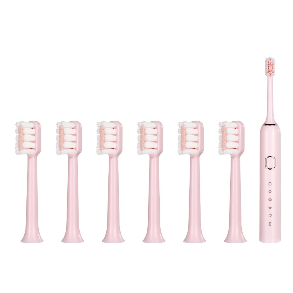 Intelligent Automatic Electric Toothbrush Adult 5 Modes Tooth Brush USB Charging Waterproof Tooth Whitening tooth Heads Set: 1set pink and 6TB